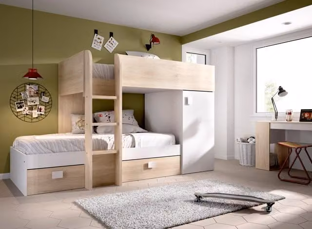Litera Move para niños con estructura de casa, color natural y blanco, An/P/Al: 253 x 111 x 150 cm