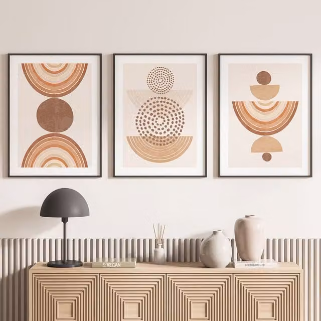 Lote de 3 pósteres decorativos Lumalea estilo boho abstracto en colores negro, blanco y beige, An/An/Al: 50 x 50 x 70 cm