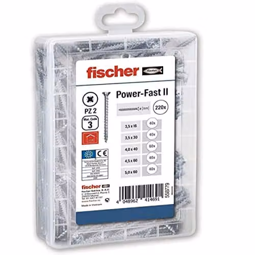 Surtido de 220 tornillos para madera autofrenzantes Fischer PowerFast II galvanizados en color gris/plateado