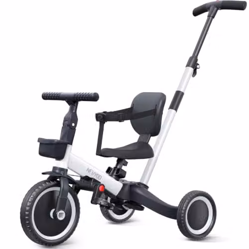 Triciclo evolutivo y bicicleta de equilibrio newyoo para niños de 1 a 3 años con barra de empuje y altura ajustable, color blanco