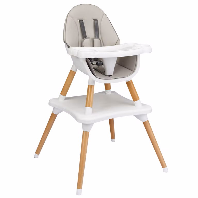 Trona 4 en 1 Convertible de Madera Costway con Arnés de 5 Puntos, Bandeja Desmontable y Regulable y Cojín en PU Gris