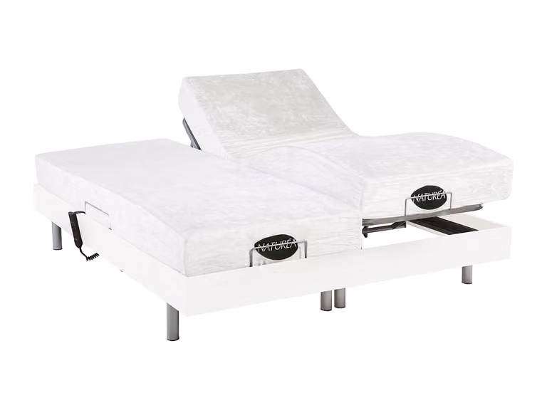 Cama eléctrica de relajación LYSIS III de NATUREA con colchón de memoria de forma y bambú, motores OKIN, color blanco, An/P: 140 x 190 cm