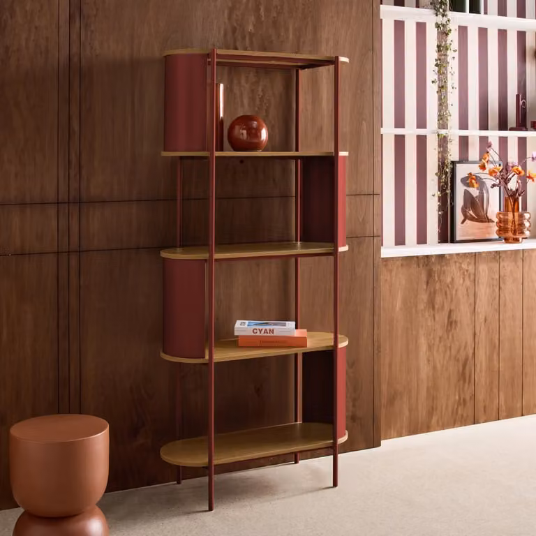 Estantería moderna SWEEEK de metal y MDF con 5 niveles, color rojo, An/P/Al: 80 x 33.8 x 172 cm
