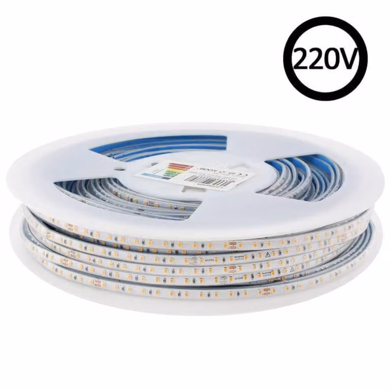 Tira LED LEDBOX Super Slim SMD2835 de 220V con Blanco Cálido, 120 LED/m, 8W/m, Regulable Triac y Corte cada 10cm, Carrete de 50 Metros en Silicona