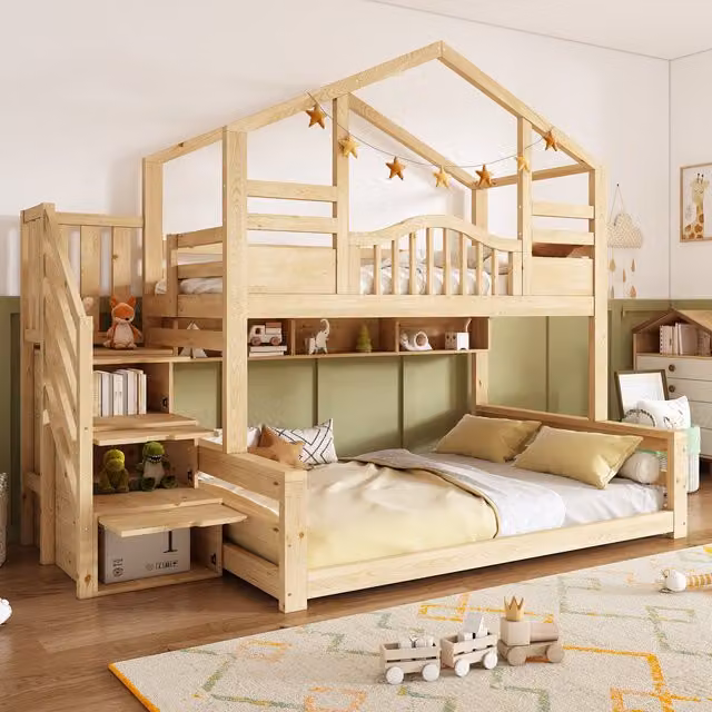 Litera infantil MODFU con cabina de casa, escalera con almacenaje y estantes integrados, madera de pino y MDF, color beige natural, An/P/Al: 140 x 200 x 145 cm