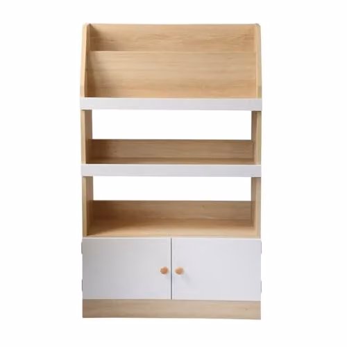 Estantería de almacenamiento para niños Calicosy con 2 puertas, color marrón y blanco, Altura: 106 cm