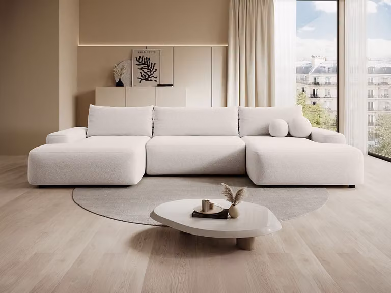 Sofá cama rinconera panorámico Daviso en tela beige con estructura de madera y cojines incluidos