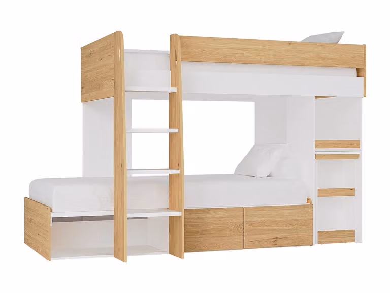 Literas infantiles con cajones y diseño moderno Lomiden, color blanco y beige, An/P/Al: 190 x 90 x 207 cm
