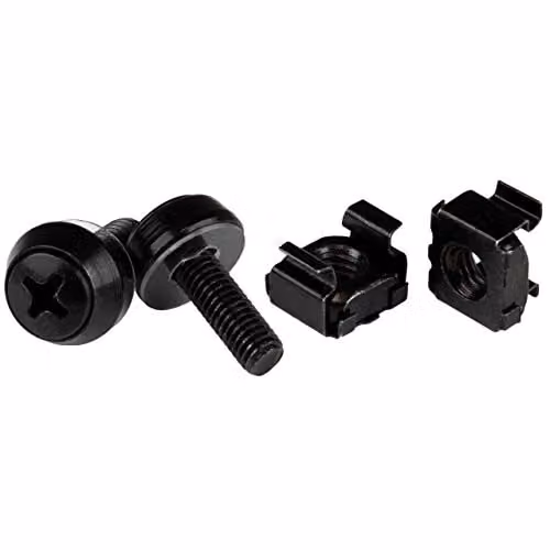 Kit de 100 tornillos M5 de 12 mm y tuercas de jaula StarTech en acero inoxidable color negro para racks de 19 y 10 pulgadas