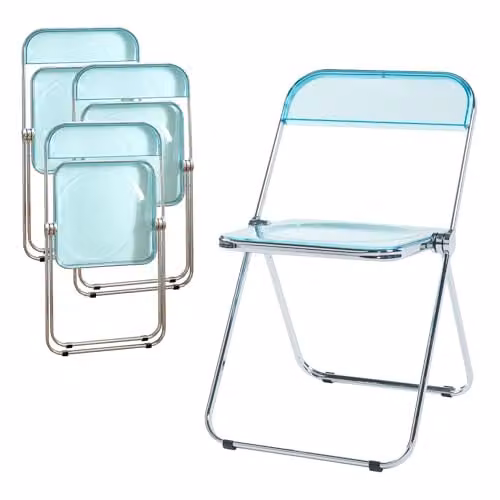 Juego de 4 sillas plegables en.casa Pornainen transparentes en azul claro con estructura de acero y plástico, An/P/Al: 46 x 47 x 74 cm