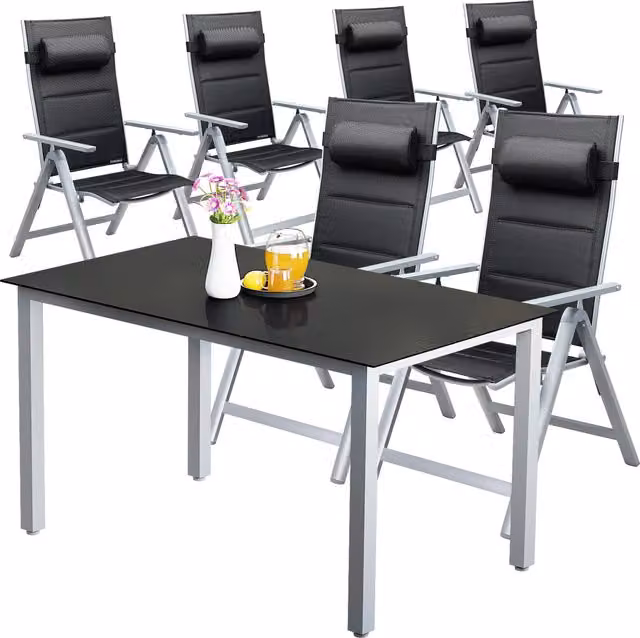 Conjunto de asientos de jardín Casaria Bern Premium de 7 piezas en aluminio plateado y negro