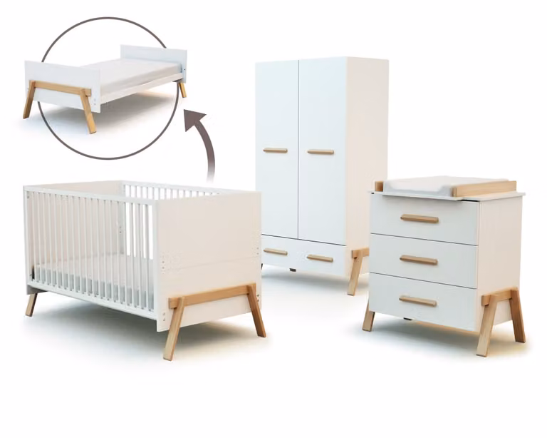 Conjunto de dormitorio infantil estilo escandinavo AT4 en color blanco con cama, armario y cómoda de madera y MDF