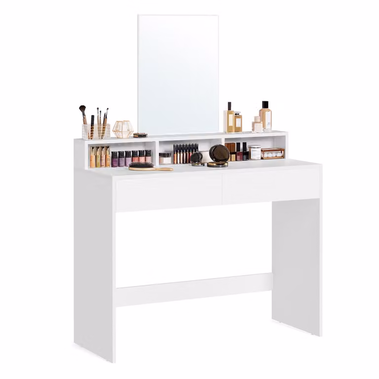 VASAGLE Tocador Moderno Blanco Brillante con Espejo y 2 Cajones An/P/Al: 100 x 40 x 140 cm