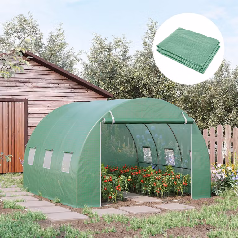 Cubierta de repuesto para invernadero de jardín Outsunny de 9 m2, lona de PE impermeable y anti-UV con 6 ventanas y puerta enrollable con cremallera, color verde, An/P/Al: 300 x 300 x 200 cm