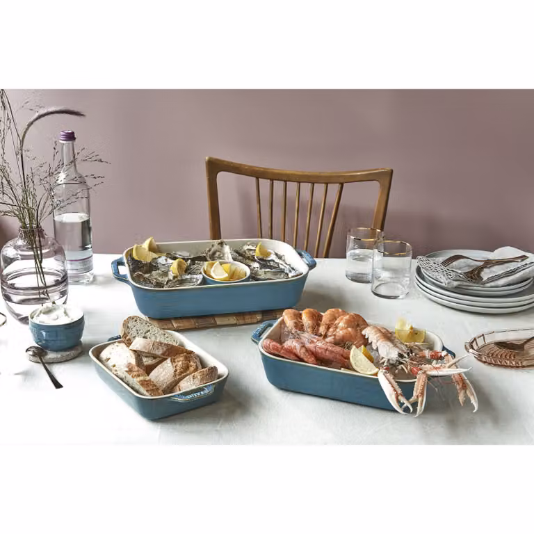 Set de 3 bandejas de horno rectangulares de cerámica Staub con asas, apilables y aptas para lavavajillas, color Turquesa antiguo