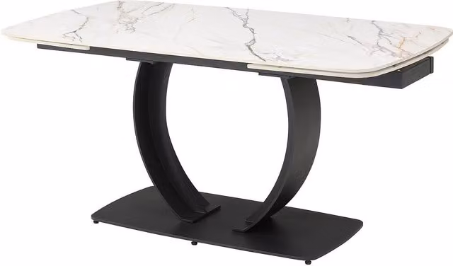 Mesa de comedor extensible Olifia de Maison Céphy en cerámica blanca y metal negro para 6 a 10 personas