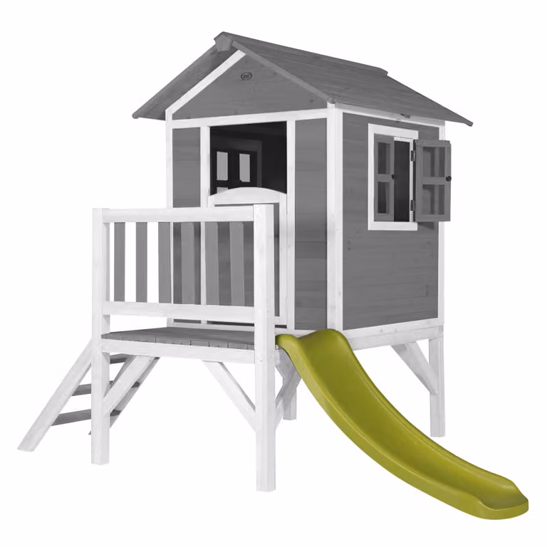 Casita infantil XL Axi de madera con tobogán en colores verde claro, gris y blanco