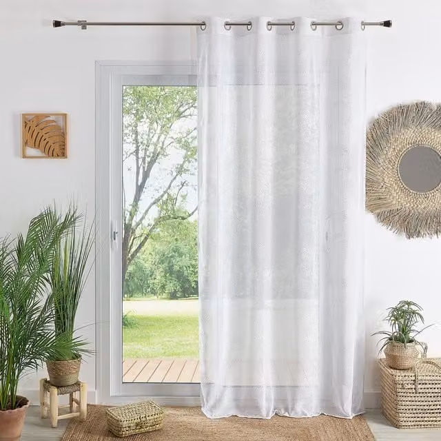 Visillo Home Maison QABANE con ojales y bordado de hojas en blanco, An x Al: 140 x 240 cm