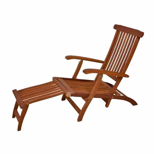 Silla de jardín reclinable Spetebo de madera de eucalipto marrón con reposapiés plegable, Al 163 cm x An 56 cm