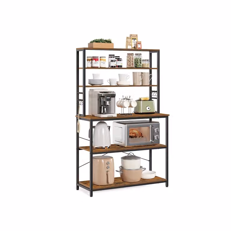 Estantería de cocina industrial VASAGLE con 6 estantes ajustables y barra para colgar en marrón y negro