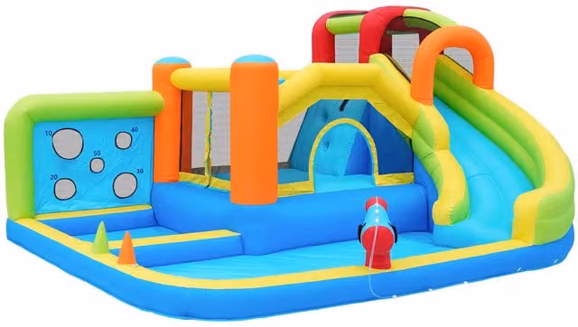 Castillo Hinchable Aosom con Soplador, Parque Acuático y de Trampolines para Niños con Tobogán, Aro de Baloncesto y Pared de Escalada, Azul, An/P/Al: 410 x 315 x 203 cm