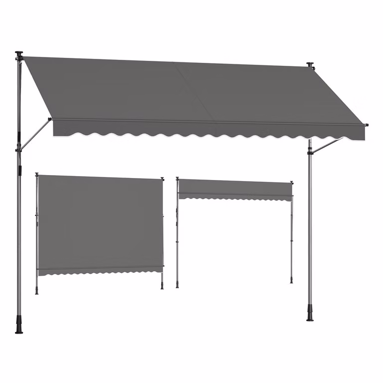 Toldo retráctil manual SONGMICS para balcón, impermeable con protección UPF 50+, altura regulable de 220 a 300 cm, An/P: 350 x 120 cm, Gris Antracita