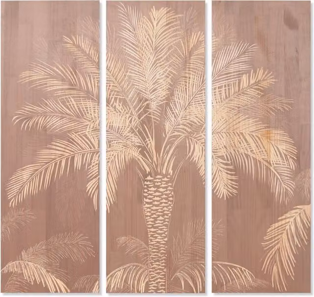 Set de 3 cuadros de madera de pino con grabado de palmera de estilo tropical y botánico, color marrón, An/P/Al: 40 x 3,6 x 120 cm