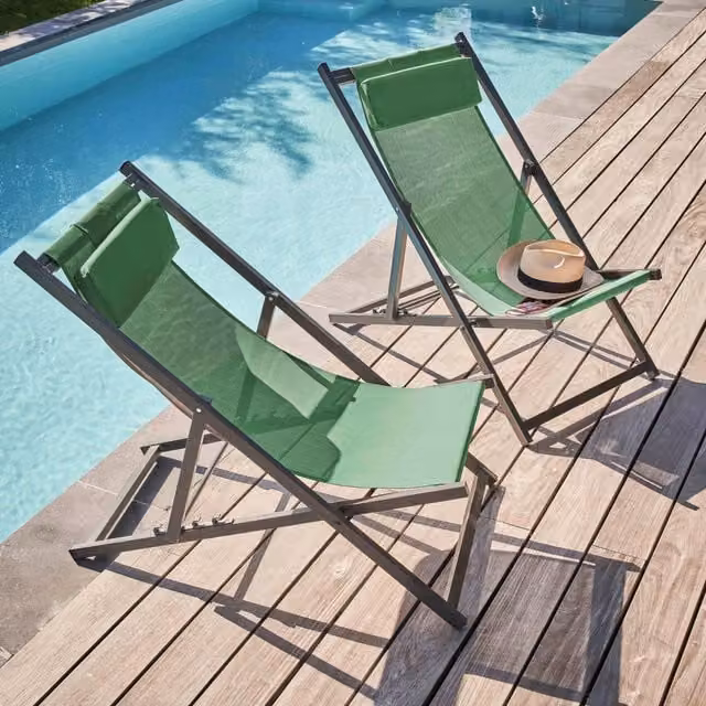 Lote de 2 hamacas Oviala de aluminio verde con tejido textilene y reposacabezas ajustable para jardín o terraza