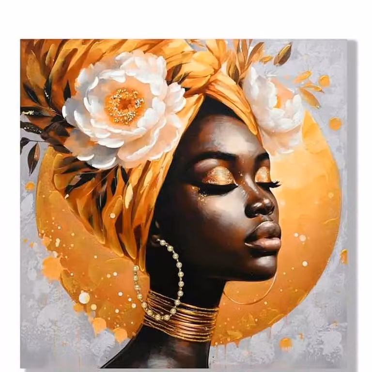 Cuadro étnico abstracto de mujer africana por Signes Grimalt en colores naranja, marrón y multicolor sobre lienzo y madera