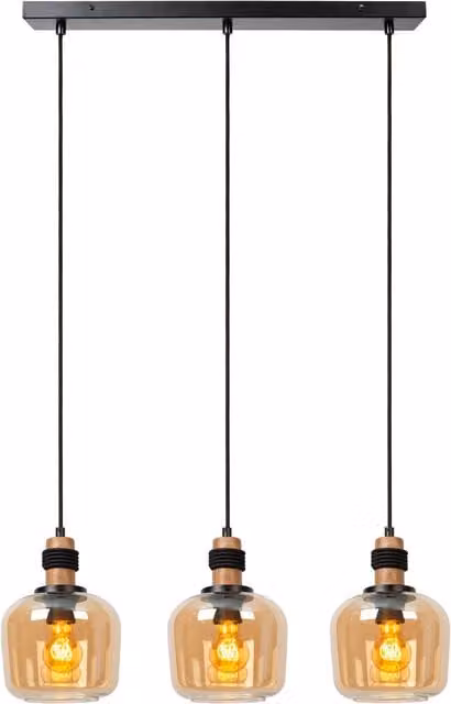 Lámpara colgante moderna Lucide Ilona en color negro con pantallas de cristal transparente y ámbar para 3 bombillas E27