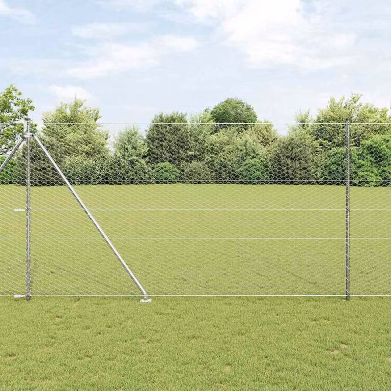 Valla hexagonal Syfax de acero galvanizado plateado con poste y funda de suelo de 10 x 1,5 m