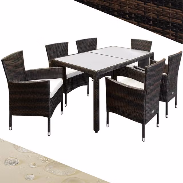 Set de comedor de jardín Casaria con mesa rectangular de cristal y 6 sillas apilables de polirratán marrón con cojines