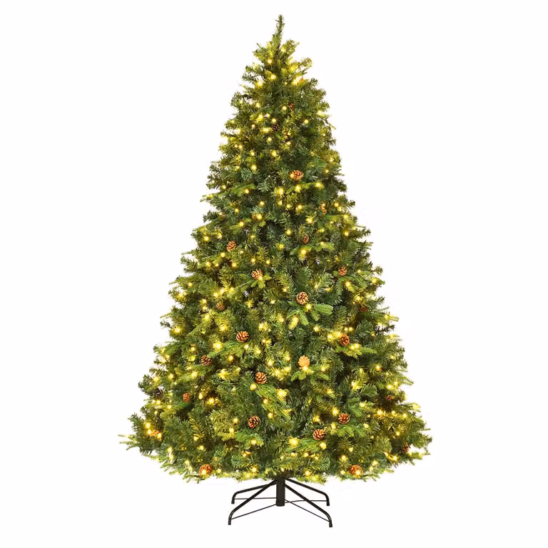 Árbol de Navidad Artificial Costway de 225 cm con Luces LED Blanco Cálido y Soporte de Metal en Color Verde