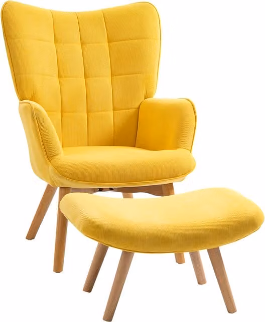 Sillón de acento reclinable HOMCOM con otomana en textura de pana amarilla y patas de madera para tu salón
