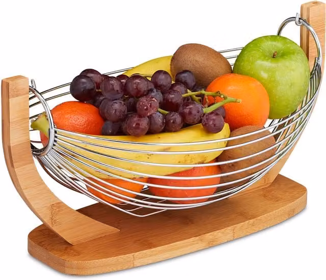 Frutero de cocina moderno Relaxdays de bambú y acero inoxidable, color marrón y plateado, An/P/Al: 18,5 x 38 x 23 cm