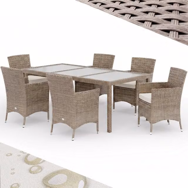 Conjunto de jardín Casaria de 7 piezas en poliratán y cristal color beige