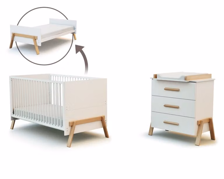 Conjunto de cama para bebés y cómoda de tres cajones AT4 en color blanco y estilo escandinavo con madera de haya, An/P/Al: 155.5 x 70 x 79 cm