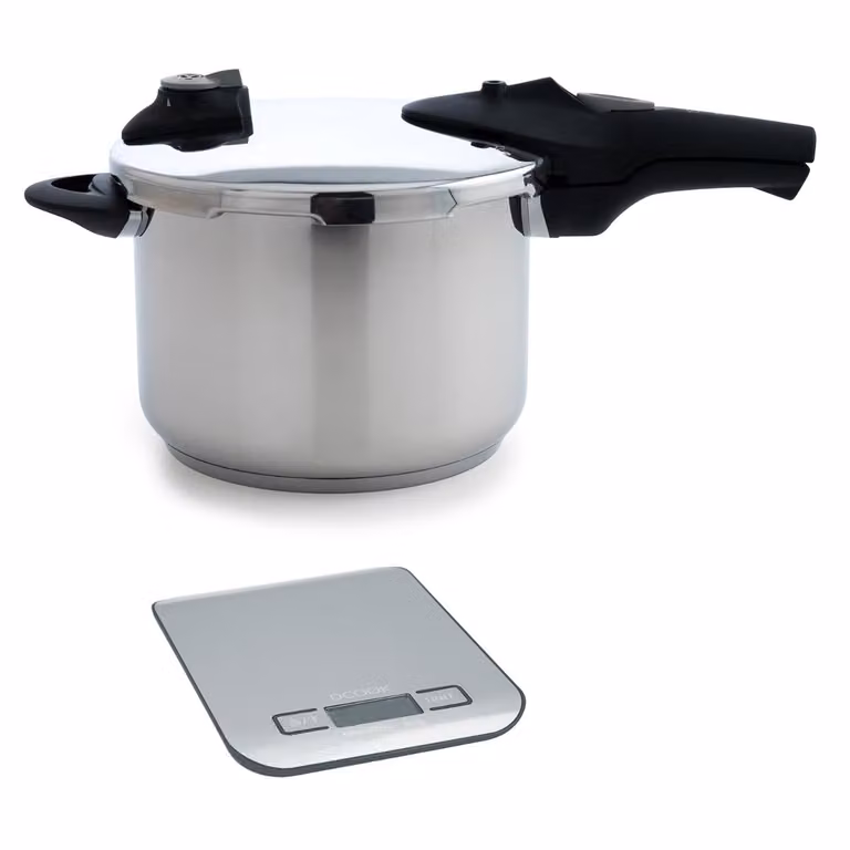 Set de olla a presión Milenia Noble Pyrex de 6L y báscula de cocina Gallery Dcook en color plata