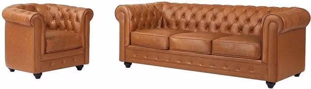 Conjunto de sofá de 3 plazas y sillón Chesterfield Vente-Unique en piel color marrón con estructura de madera sólida