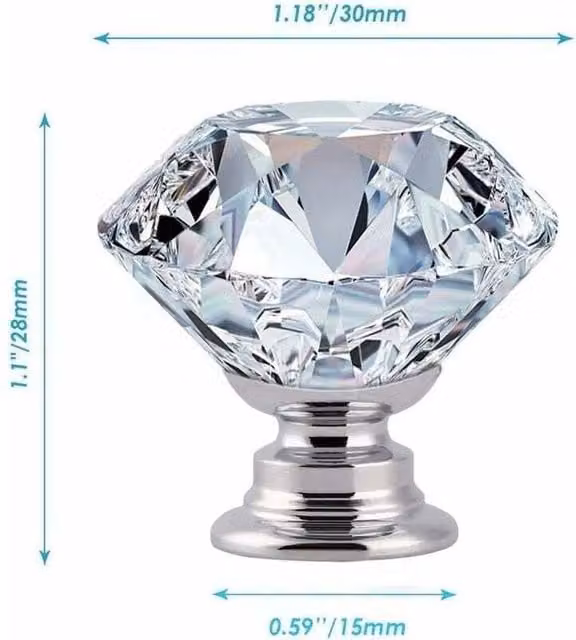 Tiradores de cristal diamante Elle transparentes para cajones y armarios de cocina de 30 mm