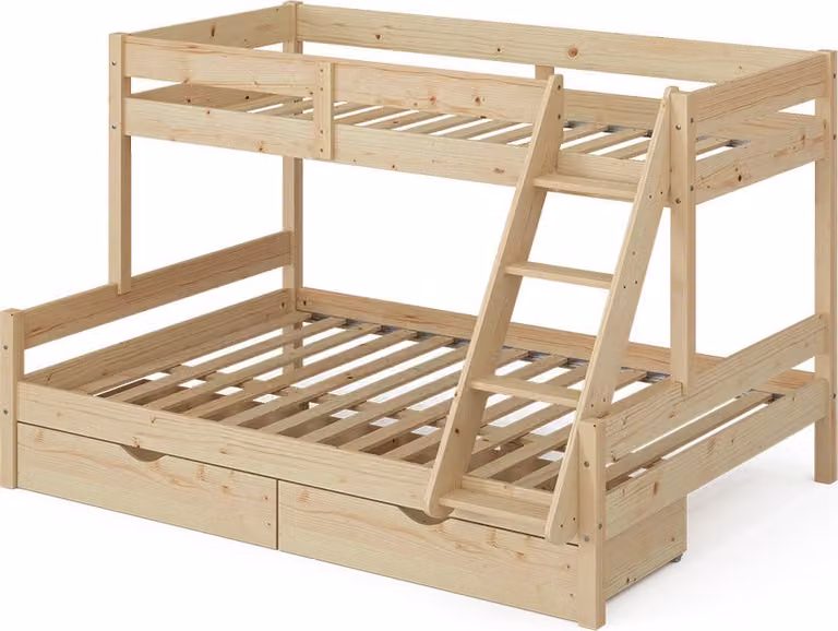 Litera de dos niveles Vitalispa Everest de madera de pino natural con cajones para niños, An/P/Al: 140 x 200 x 131 cm y 90 x 200 cm