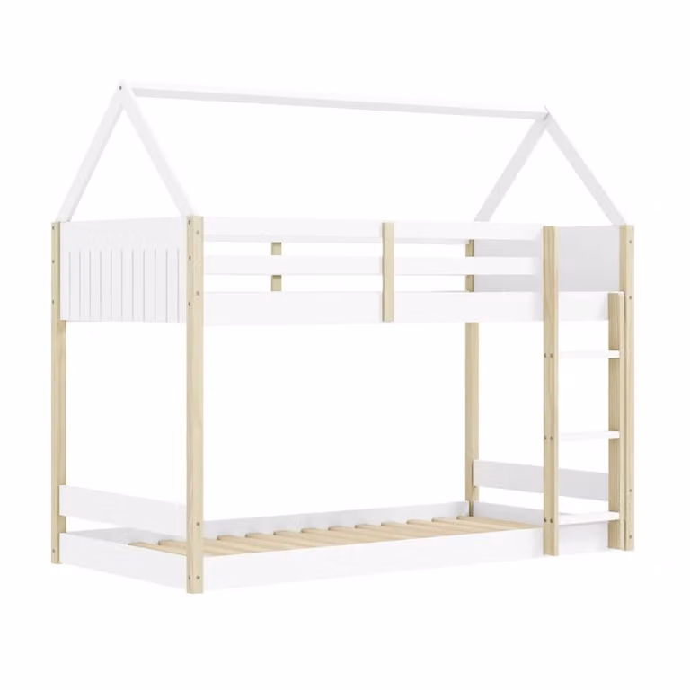 Litera infantil con estructura de casa That's Casa en madera de pino y MDF, color blanco y verde, estilo escandinavo, An/P/Al: 197 x 174 cm