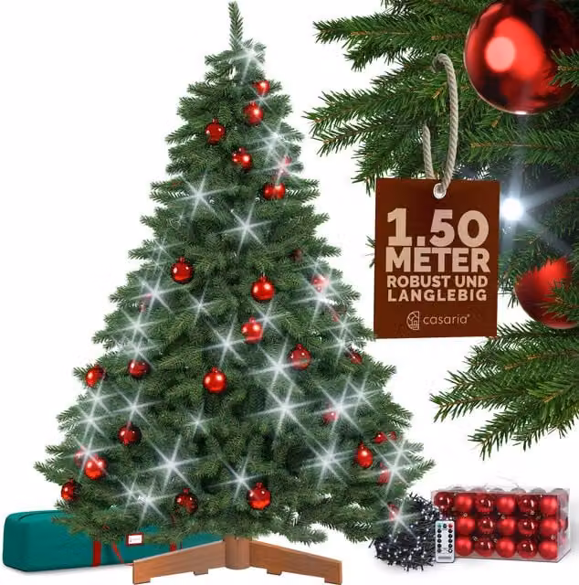 Árbol de Navidad artificial Premium CASARIA de 150 cm con bolas rojas y guirnalda de luces LED blanco frío