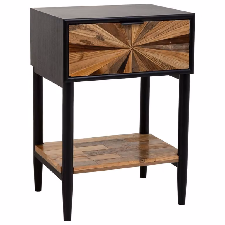 Mesita Wanderlust deco de madera y metal con 1 cajón y 1 balda, color marrón y negro, An/P/Al: 41 x 32 x 60 cm
