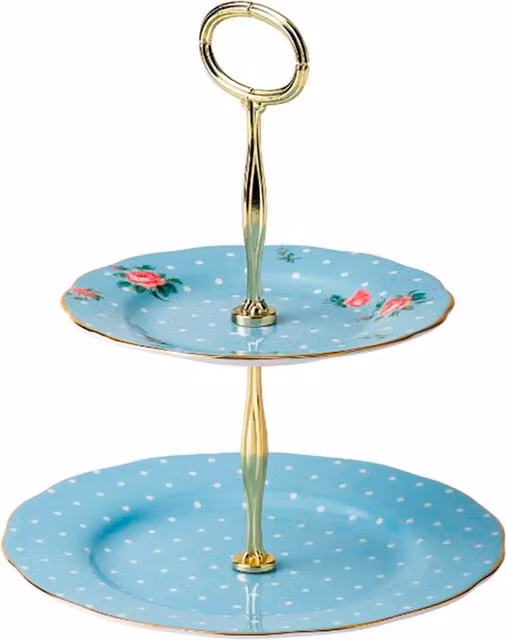 Pastelera de 2 pisos Royal Albert Polka Blue en porcelana bone china con diseño de lunares azul, blanco y dorado de forma redonda