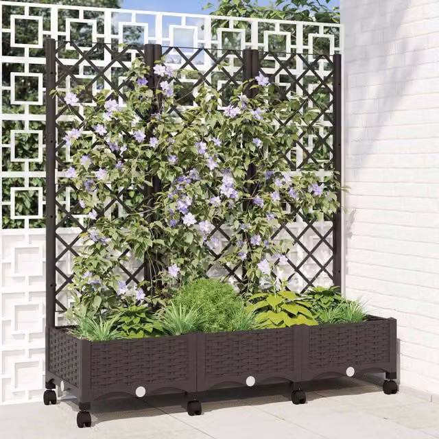 Jardinera con enrejado y ruedas Maison exclusive, color marrón, An/P/Al: 120 x 40 x 131,5 cm