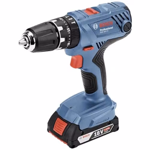 Taladro percutor a batería Bosch Professional 18V GSB 18V-21 color azul con 2 baterías de 2,0 Ah y cargador rápido GAL 18V-40 en maletín L-BOXX