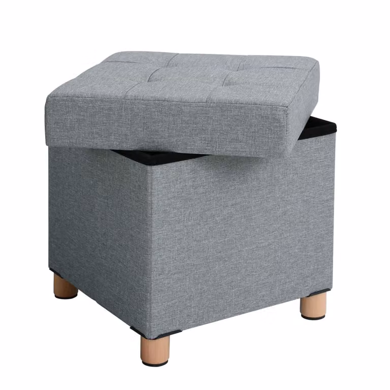 Puff de almacenaje plegable Songmics de color gris y madera con diseño moderno para salón o dormitorio An/P/Al: 38 x 38 x 40 cm