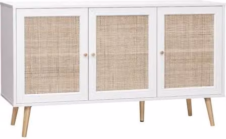 Aparador de caña y madera estilo boho de Sweeek en color blanco para salón o comedor, An/P/Al: 120 x 39 x 70 cm