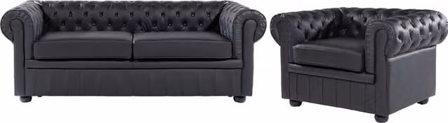 Conjunto de sala Beliani Chesterfield de 4 plazas con sofá de 3 plazas y sillón tapizados en cuero negro con patas de madera de roble